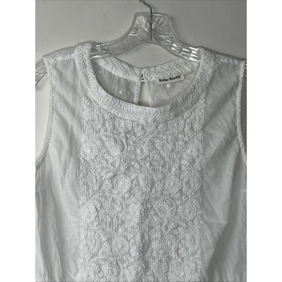 Roller Rabbit Embroidered Top Womens Large White Gauzy Ruffle Coastal Slit Back - Picture 3 of 11